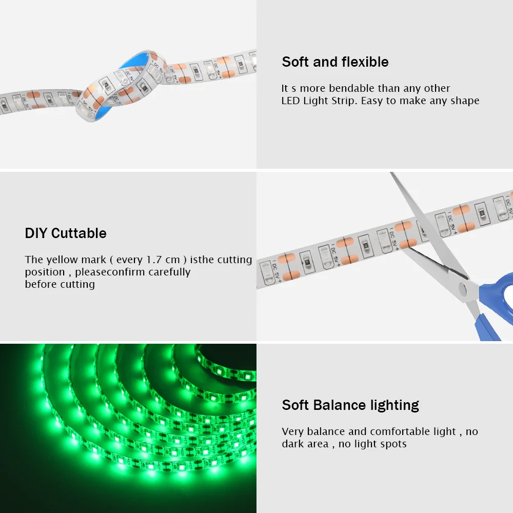 Tira de luces LED 5V 2835 USB 60Leds/m cinta Led Fita Flexible con interruptor blanco cálido luces LED impermeables para decoración de habitación