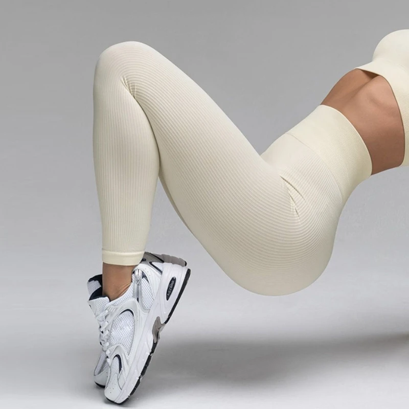 Pantalones de Yoga acanalados para mujer, mallas deportivas de cintura alta para gimnasio, mallas deportivas sin costuras para mujer, mallas de entrenamiento para correr con Control