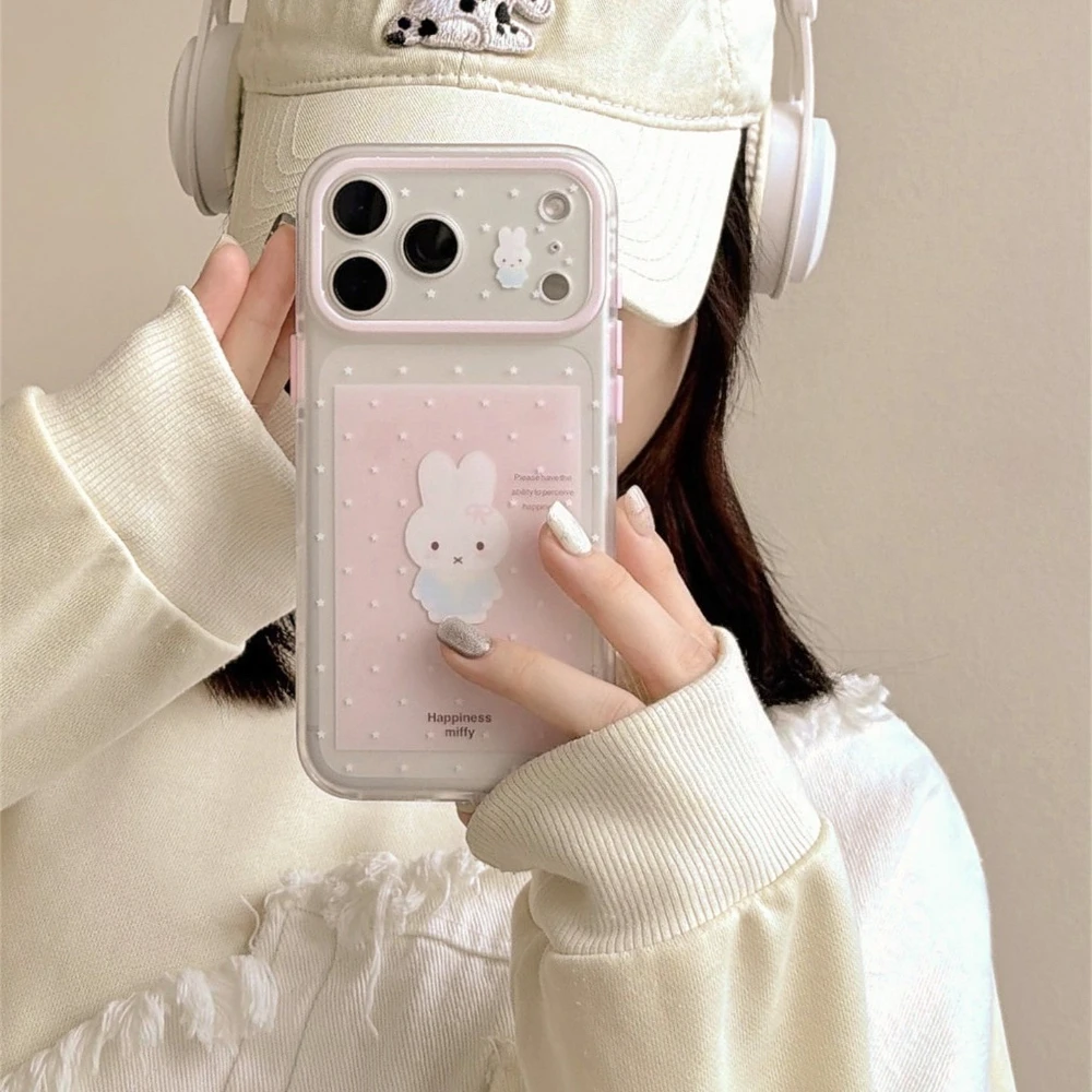 Funda de Teléfono Kawaii Coreana con Diseño de Conejita Miffy para iPhone 17 Pro, 16, 15 Pro Max, Carcasa Rígida Antigolpes con Cordón