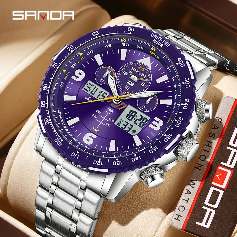 Relojes de cuarzo SANDA para hombre, nueva colección, diseño moderno, correa de acero inoxidable, fecha, cronógrafo multifuncional, resistente al agua 5 bar.