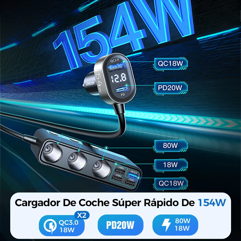 Joyroom 154W 9 en 1 adaptador de cargador de coche interruptores independientes de carga toma de cigarrillo CC PD 3 enchufe divisor de encendedor de cigarrillos