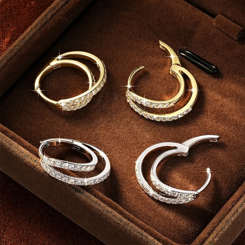 Pendientes de Aro Rrjzz con Diamantes de Laboratorio Color D, Pendientes de Aro de Moissanita de Doble Capa con Diseño Cruzado para Mujer, Regalos de Joyería
