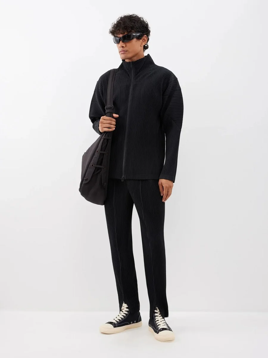 Chaqueta Plisada Miyake para Hombre, Cierre de Cremallera Bidireccional, Estilo Casual Holgado, Moda Japonesa, Ropa de Calle