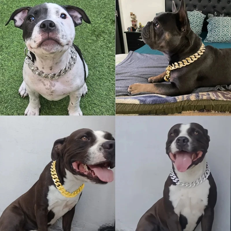 Collar de plástico con diamantes de imitación para perro, cadena dorada de lujo para adornos de Bulldog Francés, Collar para perros pequeños y grandes, accesorios para mascotas y gatos