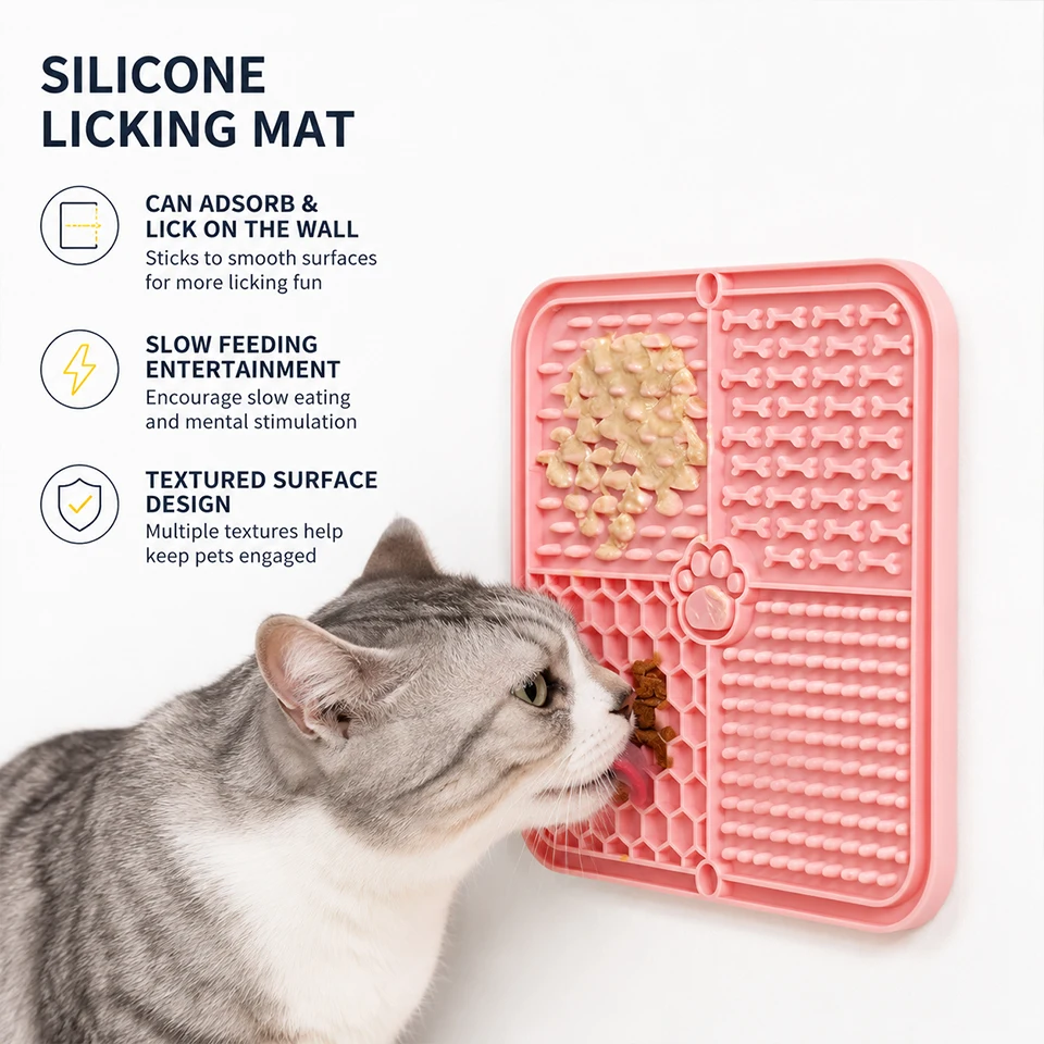 Alfombrilla de silicona de grado alimenticio para alimentación lenta de 15.5x15.5cm con fuerte ventosa, tapete anti-golpeo para comida de perros y gatos