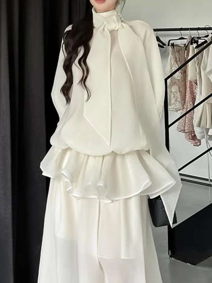 TWOTWINSTYLE, vestidos elegantes minimalistas sueltos para mujer, cuello alto, media manga, vestido elegante con pliegues de retales, ropa femenina nueva