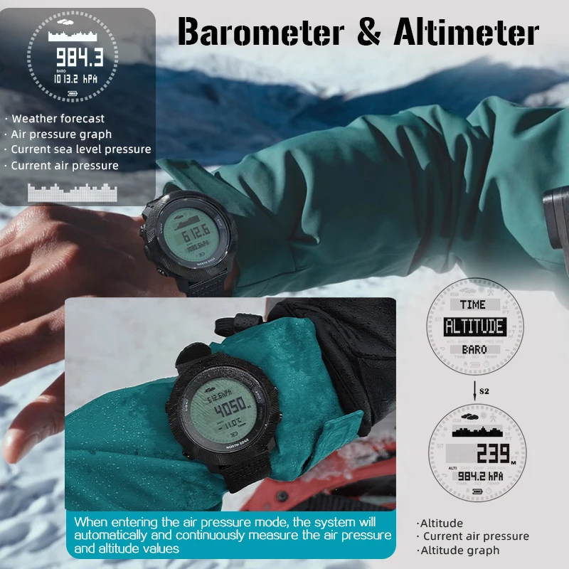 Reloj Digital para Buceo NORTH EDGE APACHE-D para Hombre, Deportes al Aire Libre, Natación, Resistente al Agua 100M, Altímetro, Barómetro, Brújula