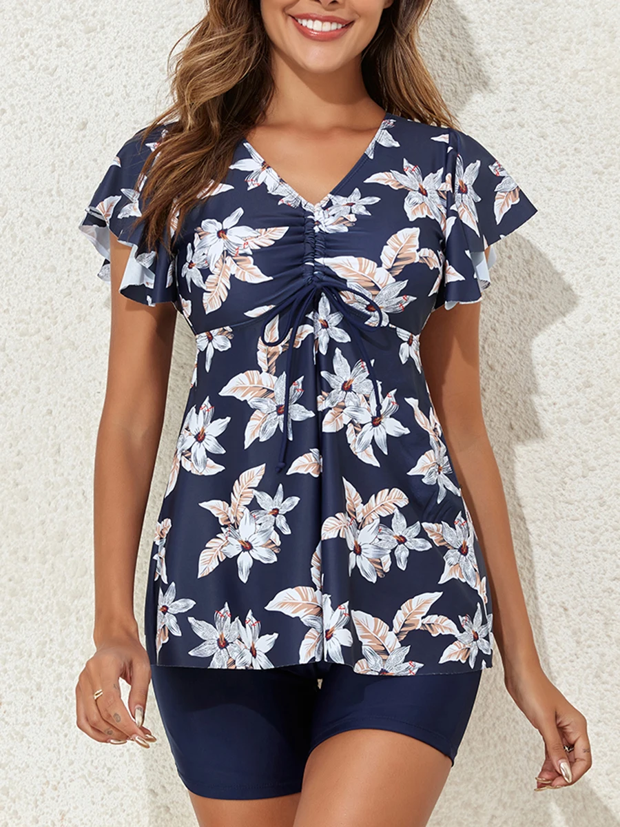 Tankini Floral 2026 de Dos Piezas con Volantes, Traje de Baño para Mujer con Pantalones Cortos de Cintura Alta, Traje de Baño Femenino, Traje de Baño para Playa