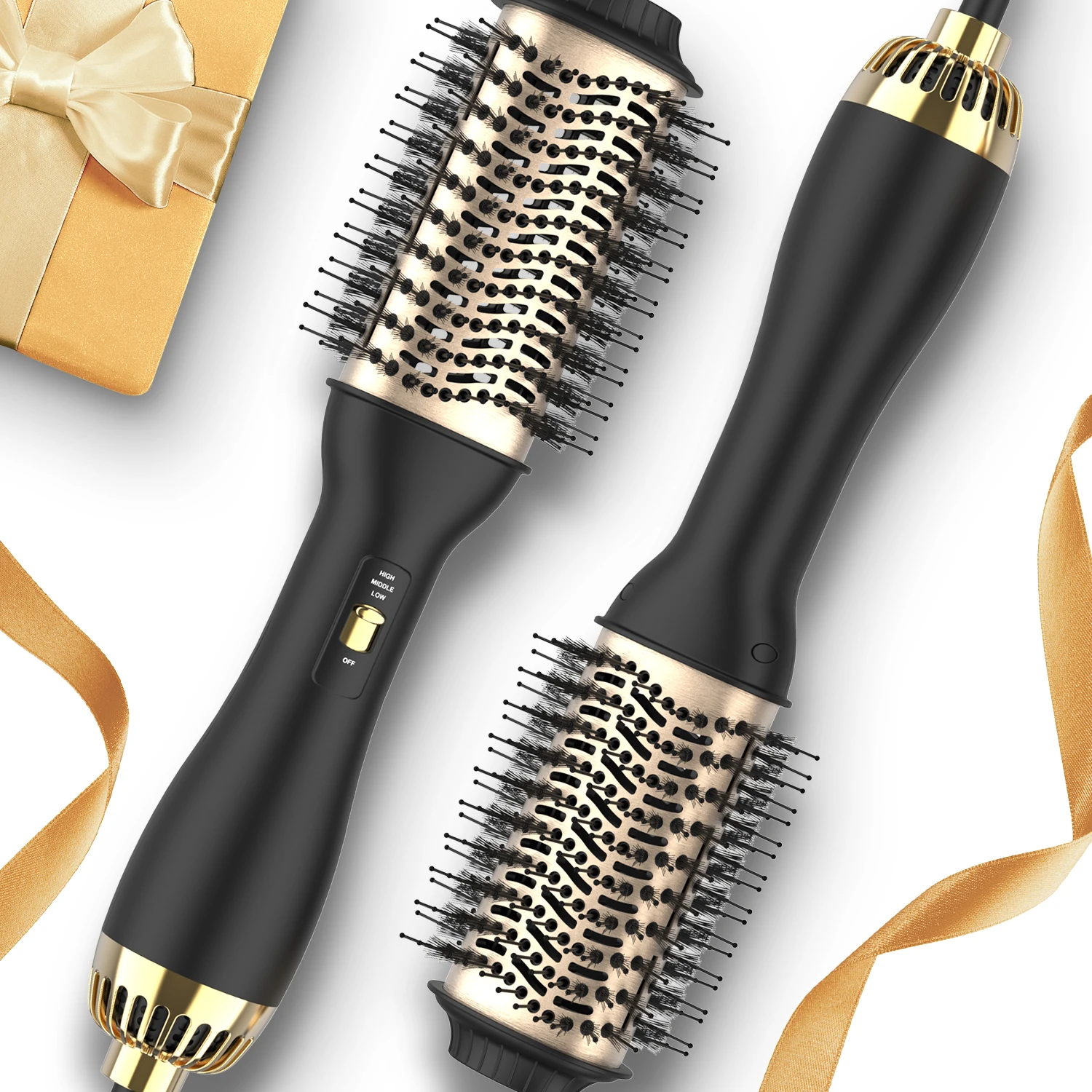 Cepillo de Aire Caliente y Voluminizador LISAPRO One-Step PLUS 2.0, Secador y Estilizador de Cabello, Nuevo Cepillo Rizador de Cabello Negro Dorado