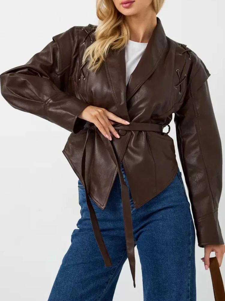 Ailegogo primavera otoño mujer Vintage ropa de calle cinturón suelto un solo botón manga larga chaqueta de piel sintética prendas de vestir