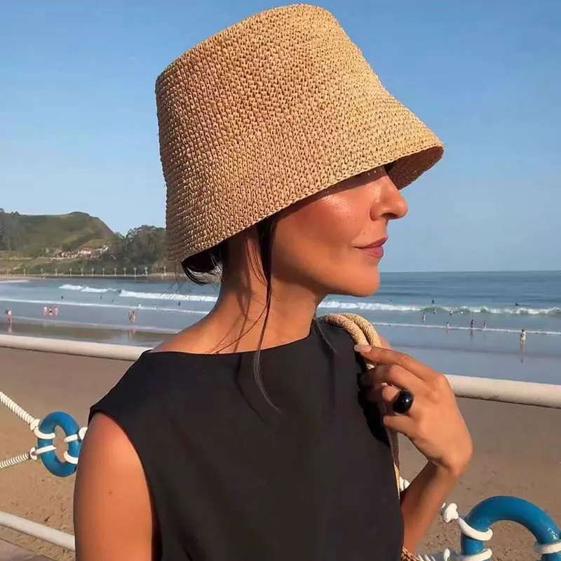 Sombrero de pescador de lujo con aguja fina de rafia a la moda para mujer, sombrero de pescador con protección solar de verano, sombrero de lavabo de ala ancha de diseñador K Pop