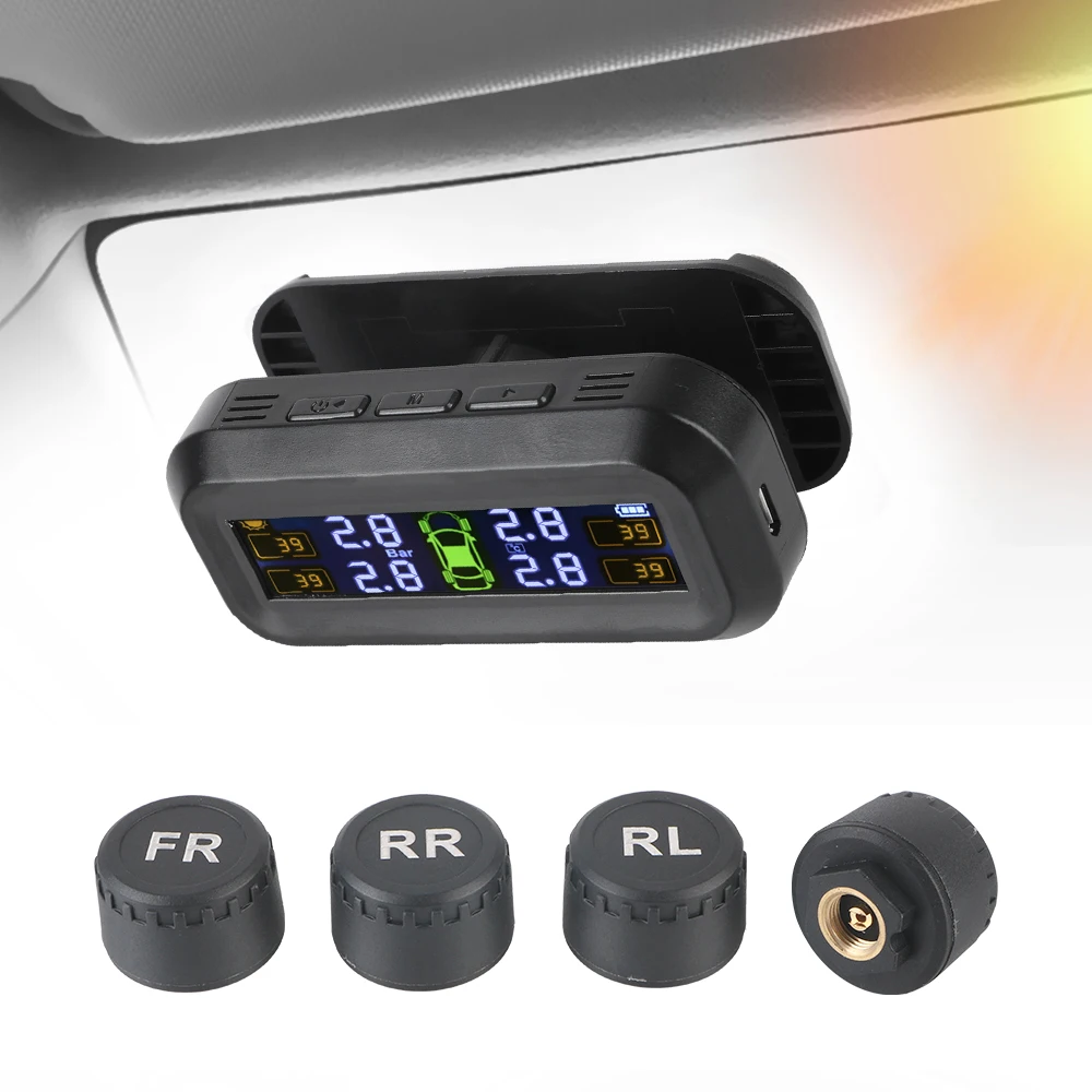 Monitor de presión de neumáticos de coche, sistema de supervisión de presión de neumáticos, advertencia de temperatura, ahorro de combustible, TPMS Solar con 4 sensores externos