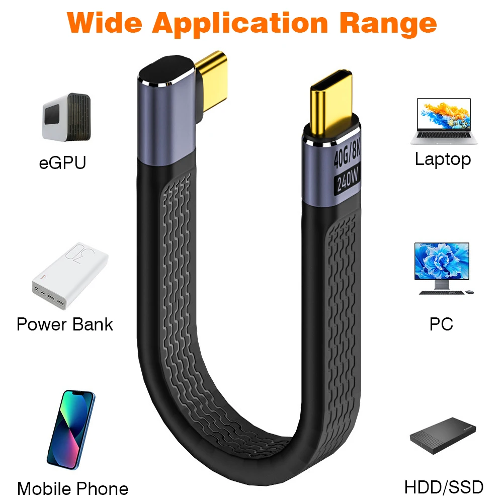 Cable USB4 Corto en Ángulo de 13.5cm, Cable Thunderbolt4 Tipo C de 40Gbps, Cable de Carga PD240W para SSD, Laptop, Macbook, Teléfono, iPhone 15, iPad