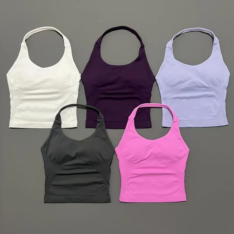 Histello-Top de tiras palangre para mujer, camiseta sin mangas deportiva con cuello Halter, sin costuras, fruncido, sin espalda, ropa deportiva para gimnasio, entrenamiento, Yoga, Fitness