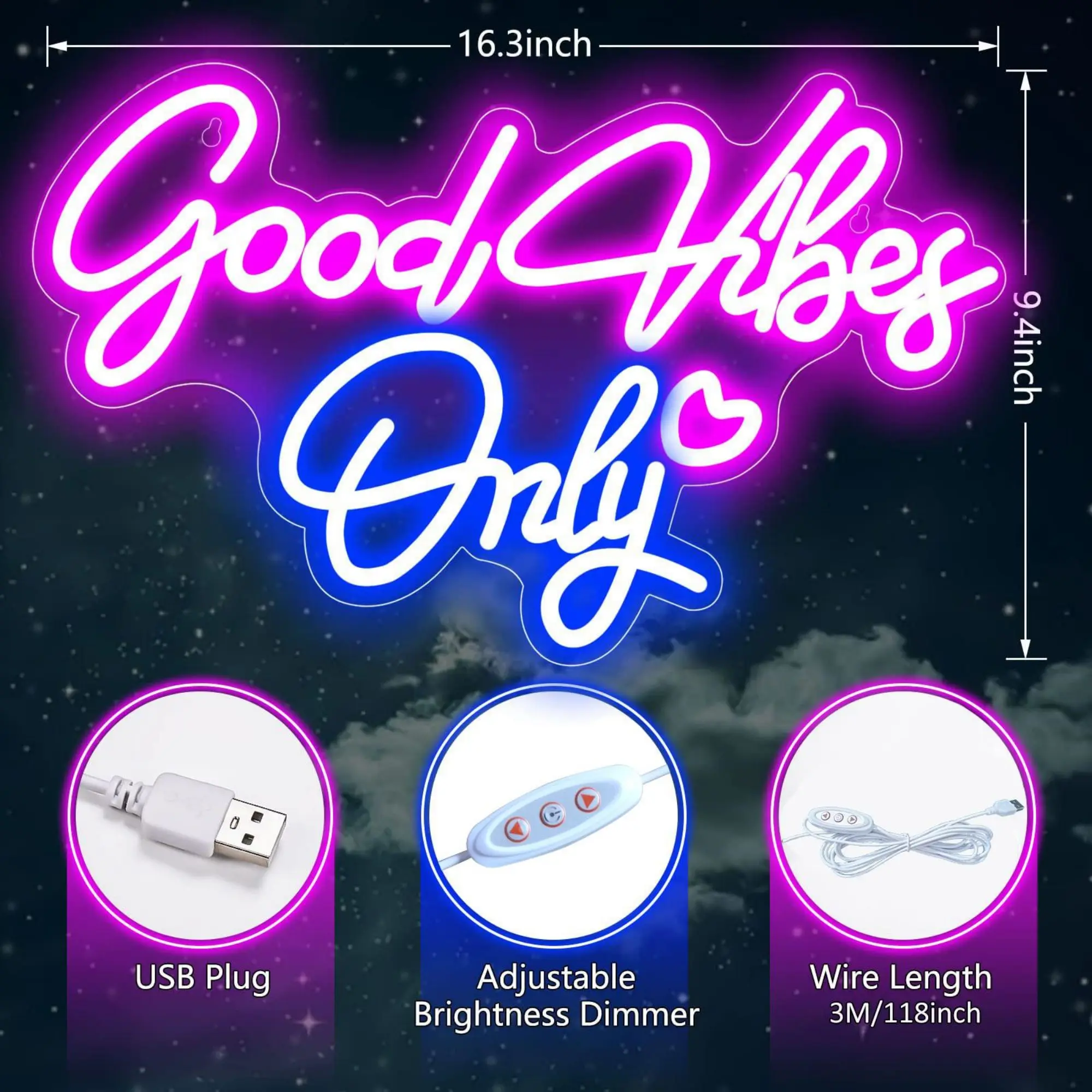 Good Vibes Only Letrero de neón para decoración de pared Luz LED para dormitorio alimentado por USB con interruptor regulable, letrero de luz de neón para dormitorio