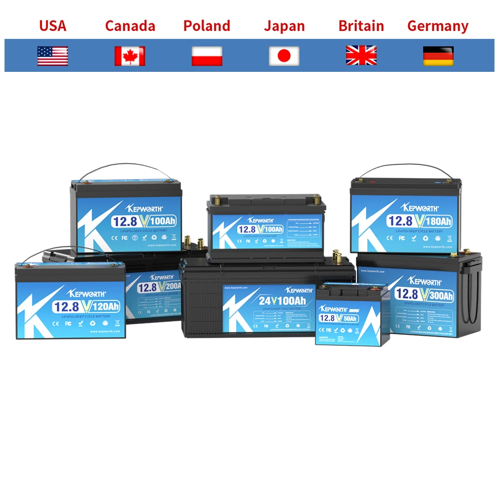 Batería de fosfato de hierro y litio KEPWORTH LiFePO4 de 12V 24V con BMS 50 100 120 135 300Ah para carrito de golf EV RV almacenamiento de energía Solar