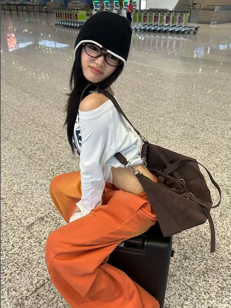 NUOMICI, pantalones vaqueros para mujer, naranja, cintura media baja, lavados, Retro, pierna ancha, sueltos, deportivos, Kpop, Hip-hop, pantalones de calle, pantalones de moda para mujer