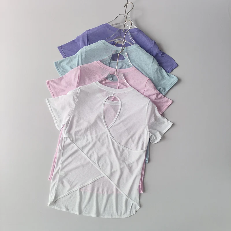 Ropa de Yoga para mujer, blusa de manga corta con Cruz hueca, malla fina, parte de atrás bonita, camisas exteriores, Top deportivo ajustado para Fitness