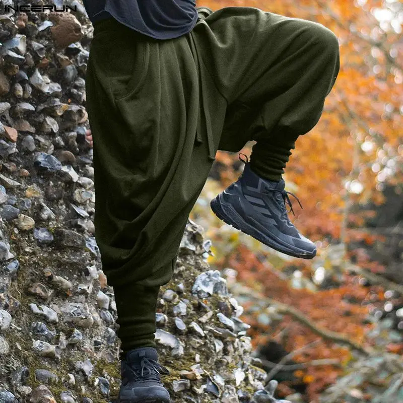 INCERUN, pantalones para hombre, pantalones para correr con cordón de Color sólido, pantalones bombachos informales para hombre, ropa de calle, pantalones sueltos de moda para tiempo libre, pantalones para hombre S-5XL