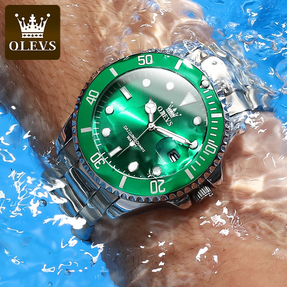 OLEVS 5885 relojes para hombre, correa de acero inoxidable de negocios, reloj de cuarzo verde, calendario resistente al agua, reloj de pulsera luminoso de alta calidad