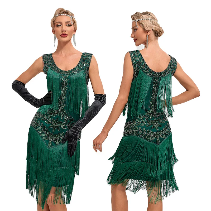 Vestido de baile de Gatsby Retro para mujer, vestido de cuello redondo, lentejuelas, cuentas, borla, chaleco, Falda de baile, Europa americana, 1920