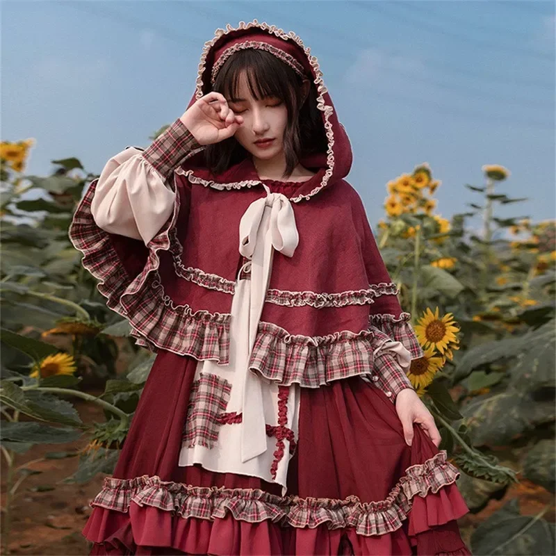 2025 caliente dulce chica Lolita vestido de mujer Vintage Patchwork vestidos rojos con capa lindo femenino Bing Cosplay Caperucita Roja