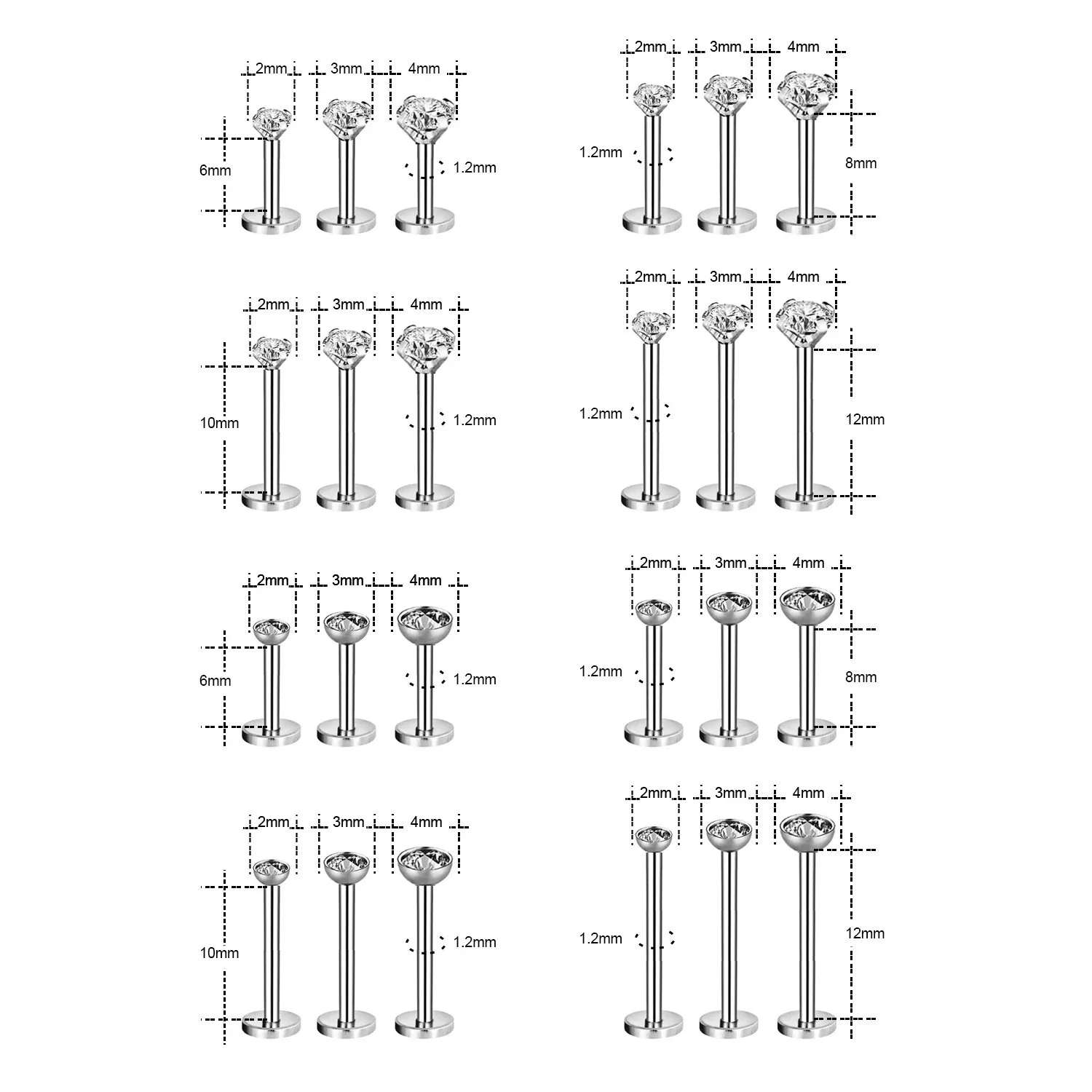10 Uds G23 titanio 20g 18g 16g 14g Pin de empuje sin rosca Labret labio Piercing F136 cartílago de la oreja hélice Tragus Stud Piercing corporal