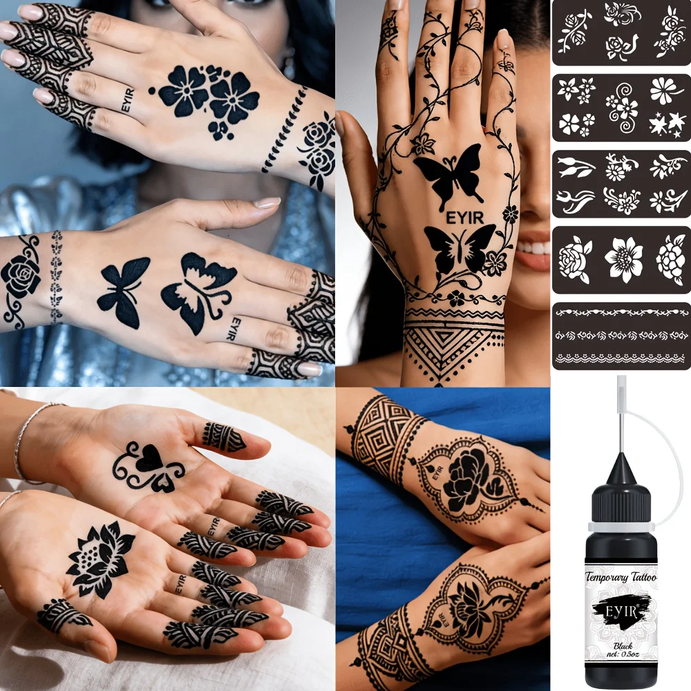 Kit de Tatuajes de Henna, 9 Colores, Pasta para Tatuajes con Plantillas, Arte Corporal Temporal, Pintura a Mano DIY, Decoración para Fiestas y Festivales