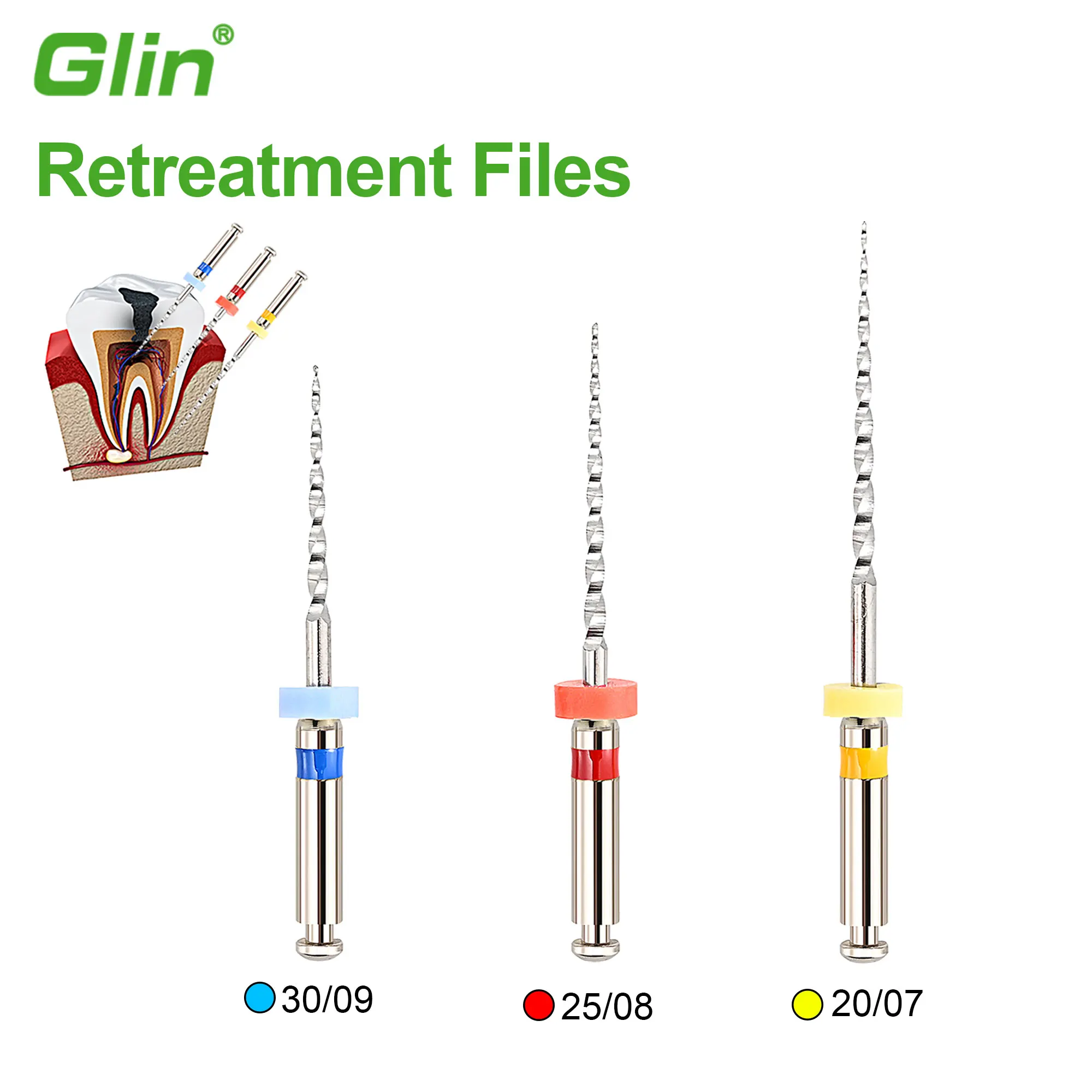 Instrumental Dental Glin: Limas Endodónticas de Retratamiento para Remover Material de Relleno, Limas Endodónticas Rotatorias de Niti de Alta Calidad