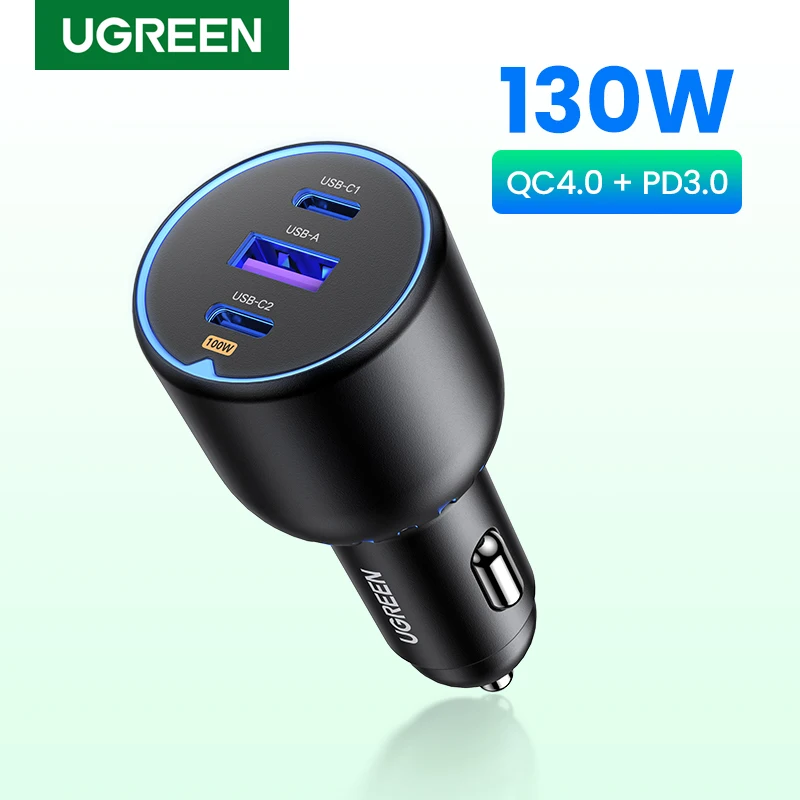 Cargador Rápido para Auto UGREEN 130W USB C para Xiaomi, iPhone 18, Samsung Galaxy S25, Laptops, Carga Rápida PD3.0, Cargador USB Tipo C para Auto