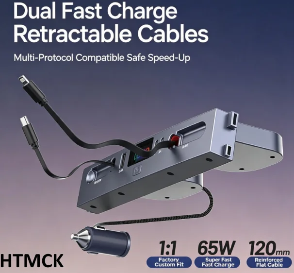 Cargador de coche multi-puerto, adaptador de corriente con cable retráctil de carga rápida de 45W tipo C dual, compatible con Tesla Model 3 Y, coche.