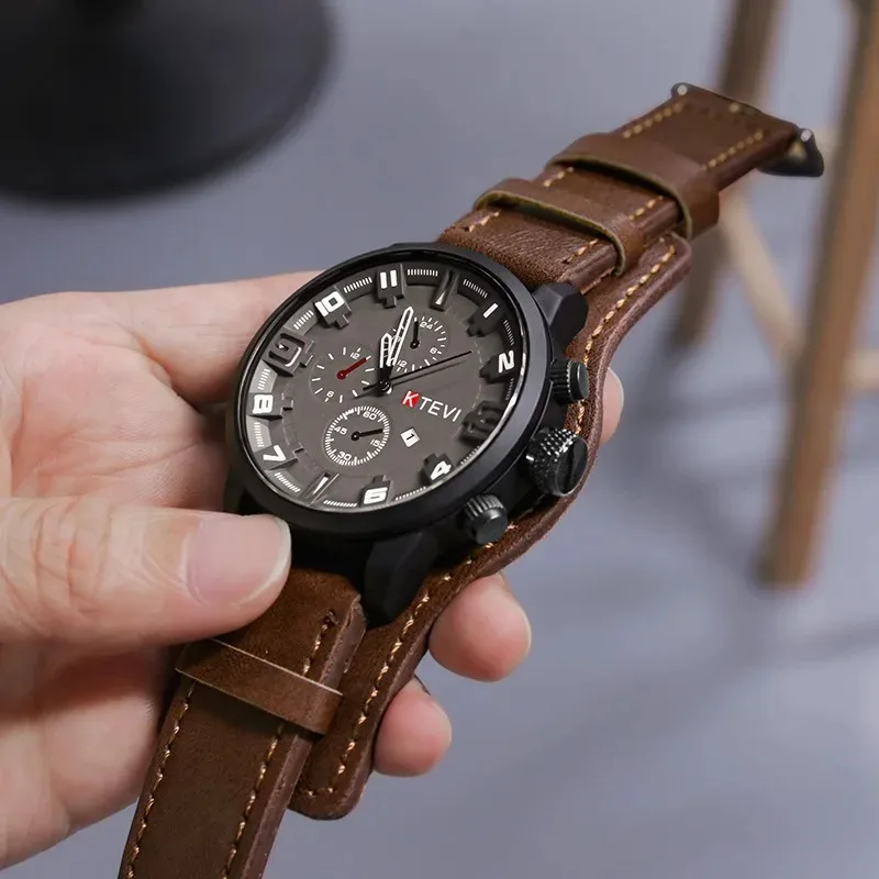 Relojes Retro para hombre, reloj de lujo de alta gama para hombre, correa de cuero PU, reloj de cuarzo para negocios con fecha, reloj de pulsera táctico militar con esfera grande
