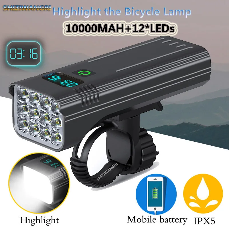 Luz LED para bicicleta de 10000mAh, juego recargable por USB, resaltado delantero y trasero para bicicleta de montaña, linterna para faro LED 12 *