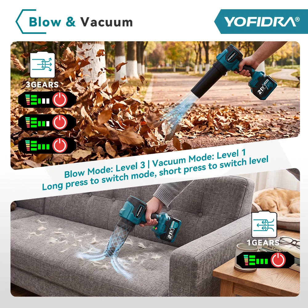 YOFIDRA 2 en 1, 350M/S, Ventilador Turbo Eléctrico sin Escobillas, Sopladores de Aire Inalámbricos, Ventilador de Chorro, Herramientas Eléctricas de Succión y Soplado de Hojas y Nieve para Batería Makita 21V