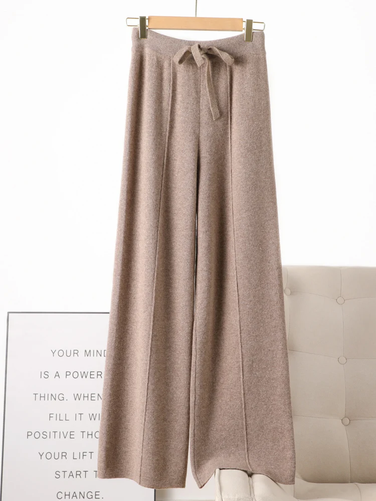 Pantalones de pierna ancha tejidos de lana merina de 100% para mujer, pantalones básicos de punto de Cachemira suaves y cálidos para otoño e invierno, estilo informal Simple coreano