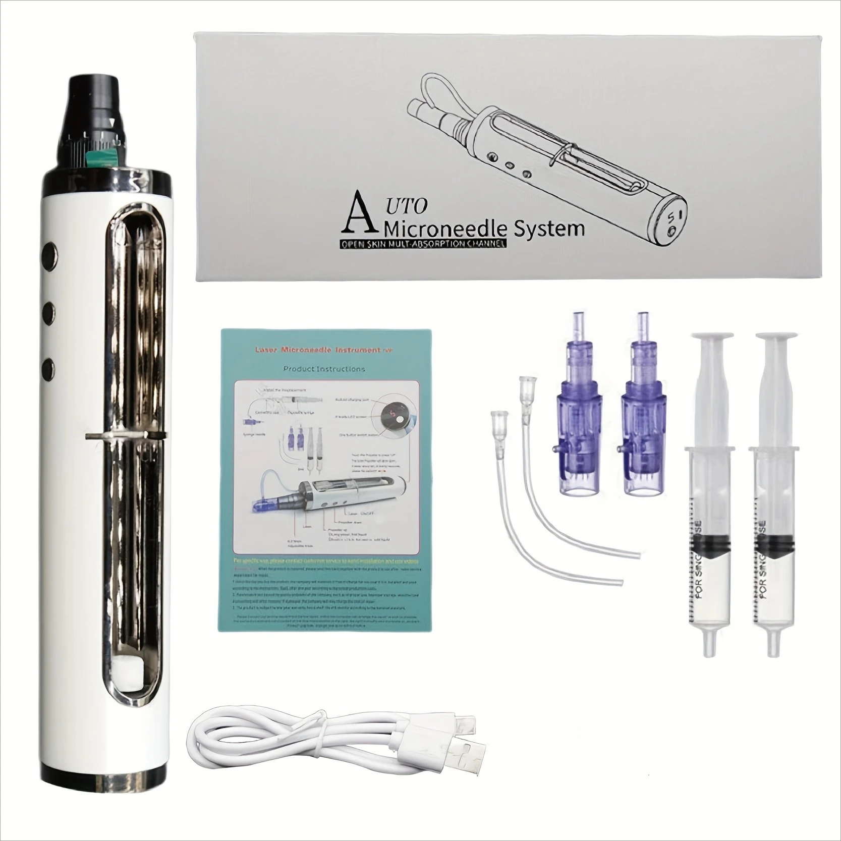 Nuevo Dermapen Eléctrico Ajustable de 5 Niveles con 2 Cartuchos Nano Redondos, Microagujas Ajustables y Salida de Líquido para el Cuidado Facial