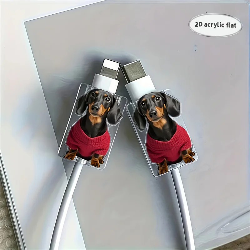 2 uds 2D plano perro salchicha patrón Cable Protector conector plástico teléfono cargador Cable cubierta para iPhone/tipo-c
