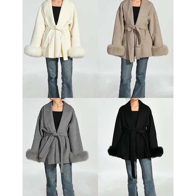 Abrigos de lana de piel de zorro TARUXY, abrigo corto para mujer, abrigo de lana de doble cara elegante extraíble para oficina para mujer, chaqueta cárdigan nueva 2025