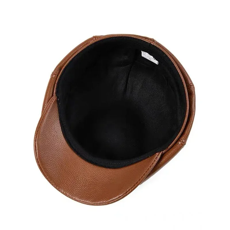 Gorro de cuero 2024 genuino para hombre, boina de cuero de vaca, algodón cálido, acolchado de marca, marrón/negro, pato, nuevo