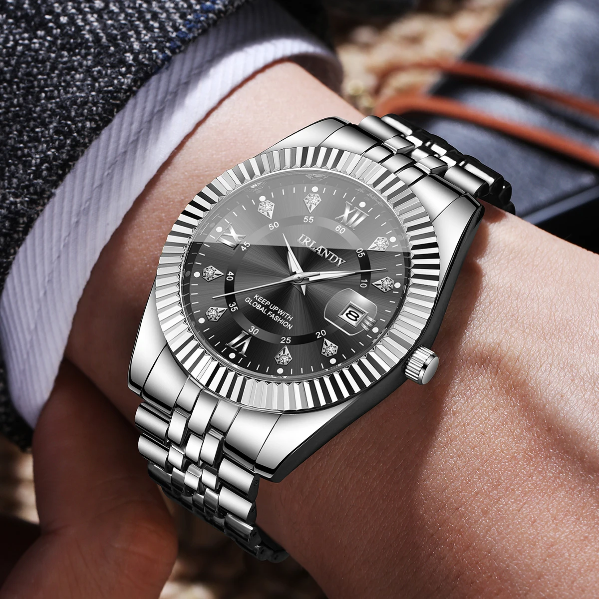 Reloj de cuarzo con calendario para hombre con esfera Roma de lujo, correa de acero inoxidable, relojes de negocios para hombre, reloj Masculino (sin caja)