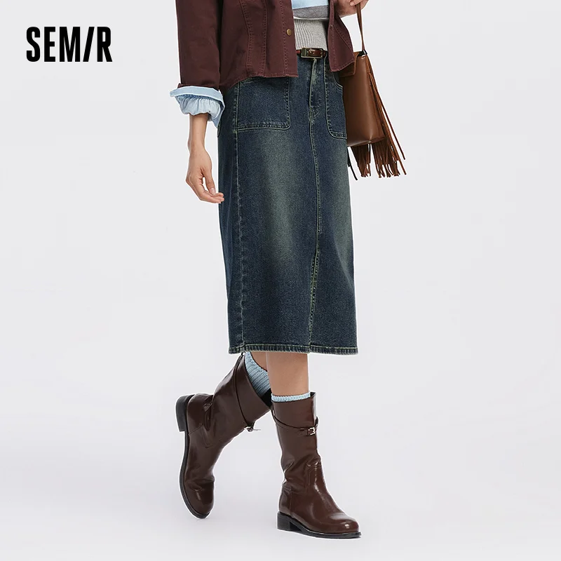 Falda de mezclilla Semir para mujer, estilo retro, recta, larga, ajustada, con abertura, para uso diario urbano y cómodo, otoño 2026