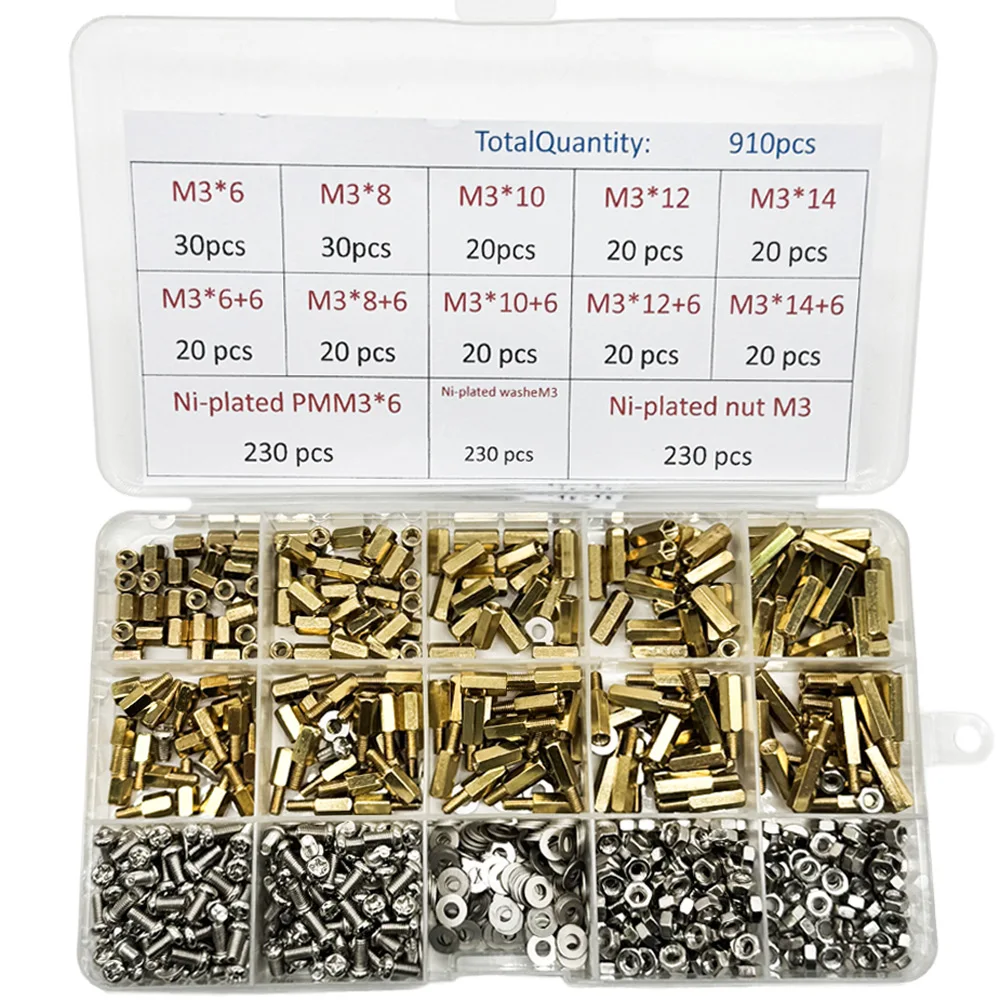 1 Juego de 910 Uds. Kit espaciador de latón 230 Uds PMM3 + 230 Uds NutM3 + WasheM3 tornillos espaciadores de latón de cabeza hexagonal rosca M3 Pilar PCB