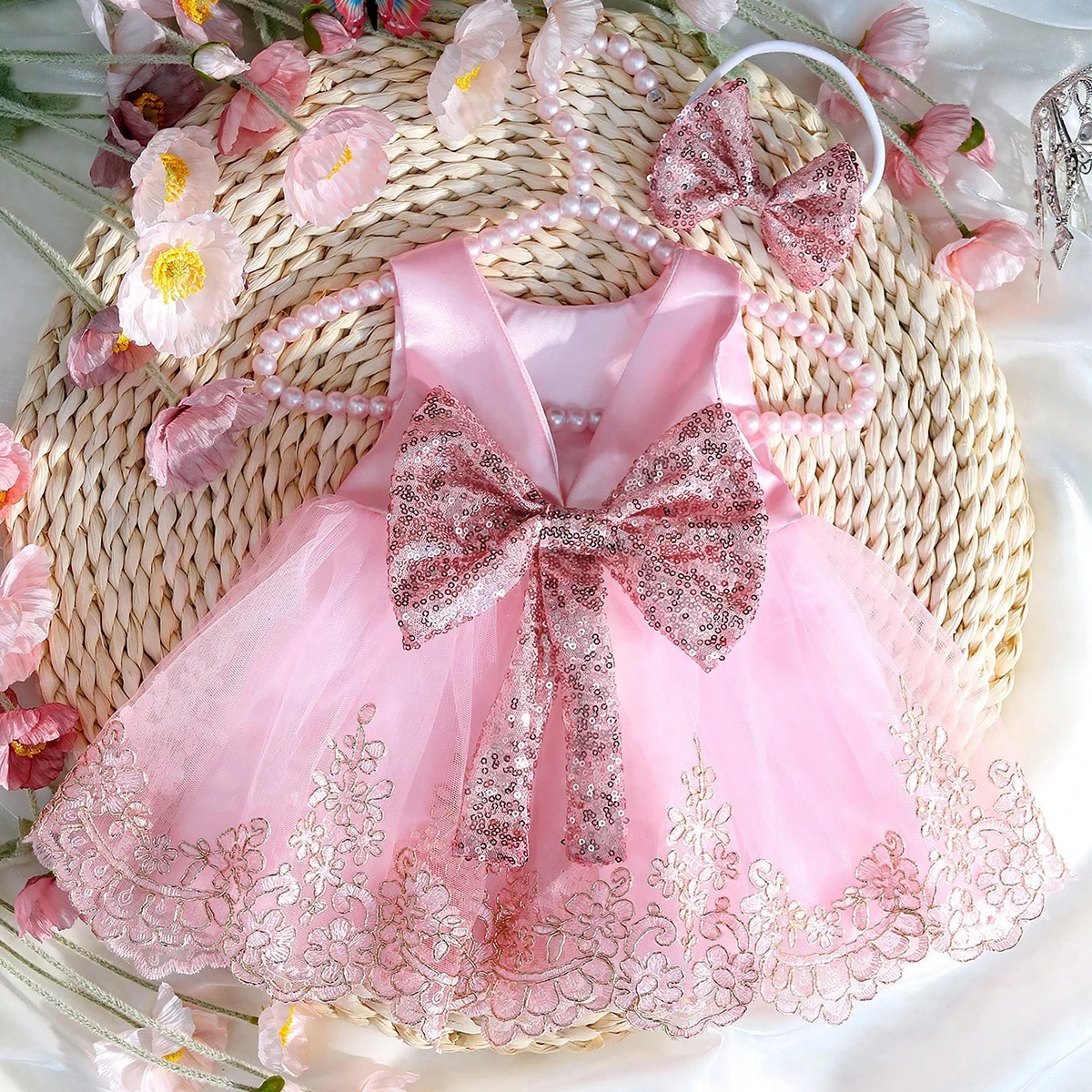 Ylsteed - Conjunto de Ropa para Fotografía de Recién Nacidos, Vestido de Encaje con Lazo Grande para Niña, Diadema con Lazo Brillante, Vestido para Sesión de Fotos de Bebé de 100 Días