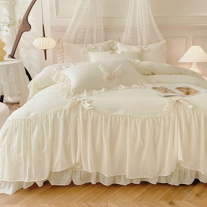 Juego de cama blanco de 3 uds., funda nórdica con volantes (1 funda nórdica + 2 fundas de almohada, sin núcleo) para dormitorio y habitación de invitados
