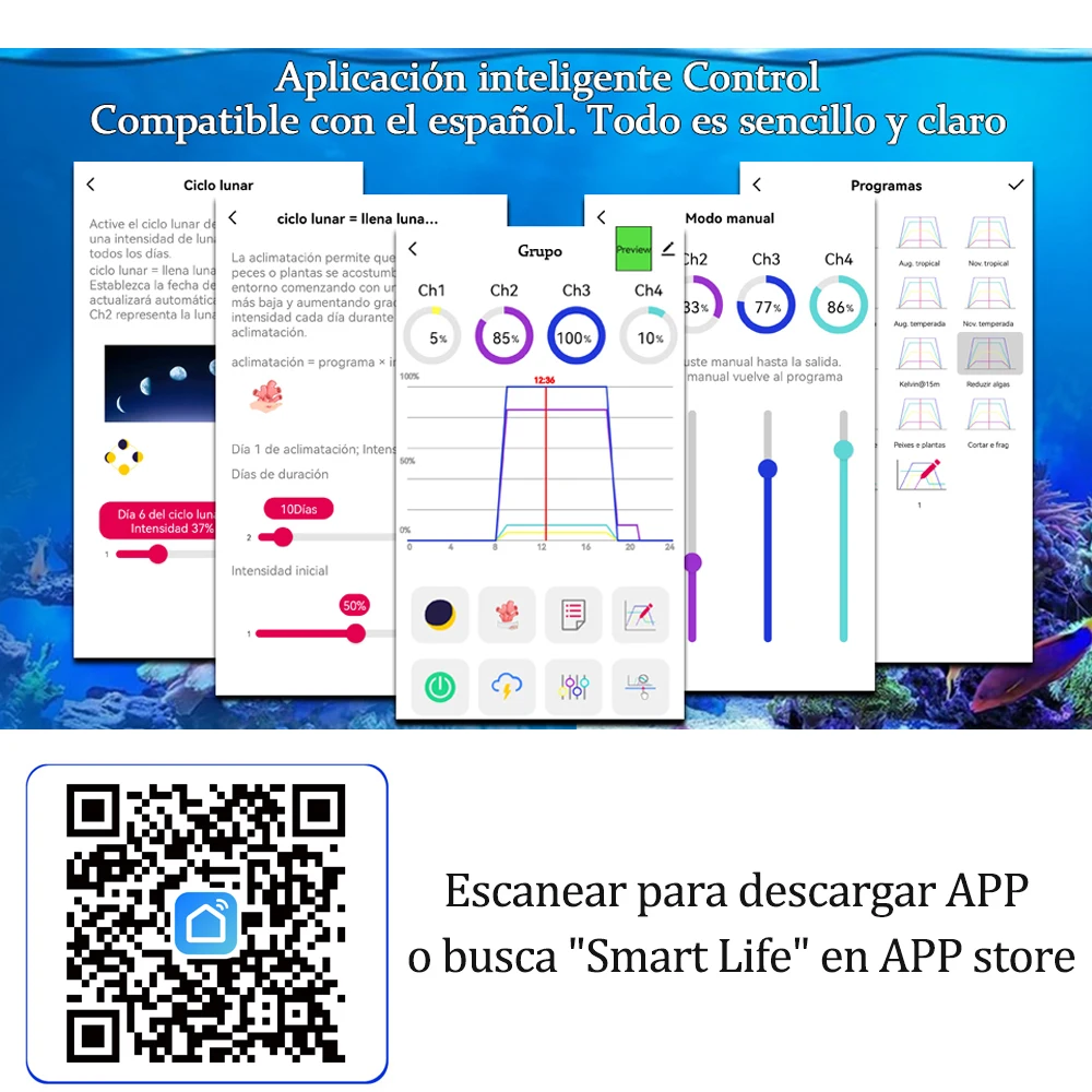 Nuevo PopBloom RL90 WiFi luz led acuario, Espectro completo led acuario marino, pantalla led acuario, luz acuario sps/lps coral, luz de acuario marino reef, iluminacion para acuario marino, Apoyo al español