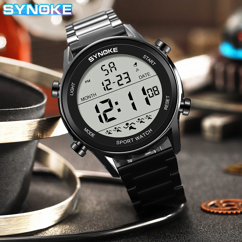 SYNOKE-reloj deportivo de lujo para hombre, cronógrafo Digital con correa de acero inoxidable, resistente al agua, con luz trasera y alarma