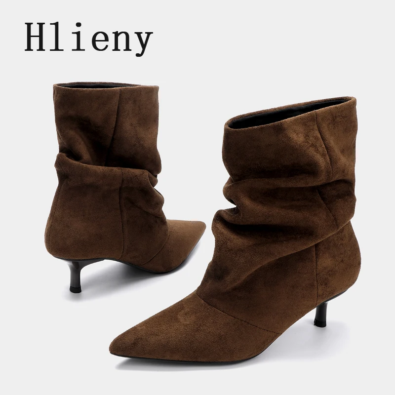 Liyke, zapatos de invierno de gamuza plisada para mujer, punta puntiaguda, tacones bajos y finos, botines de diseñador elegantes Retro para mujer, color marrón, Bottes Femme