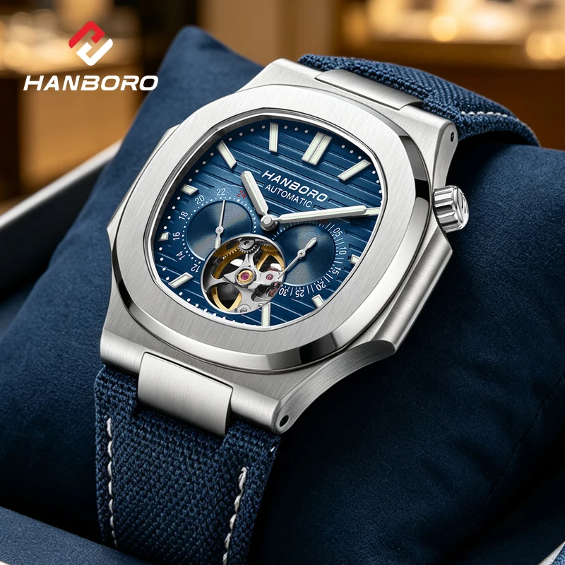 Reloj Mecánico HANBORO para Hombre, Diseño de Corona Creativa, Cuadrado, Color Oro Rosa, Correa de Lona, Movimiento Japonés Personalizado