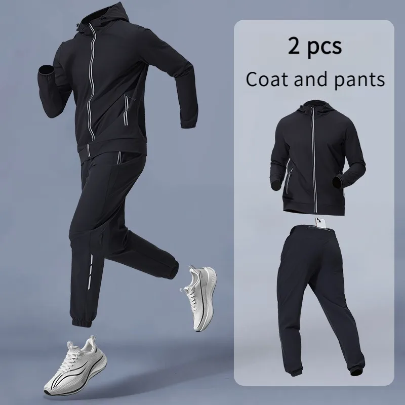 Conjunto de ropa deportiva para hombre con capucha, equipo de entrenamiento, chaqueta y pantalones transpirables, traje de Fitness para ropa de ejercicio cómoda