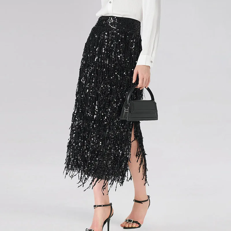 Faldas de noche brillantes con lentejuelas brillantes y purpurina, falda elegante de cintura alta con borlas divididas, falda Sexy de verano para mujer 2026